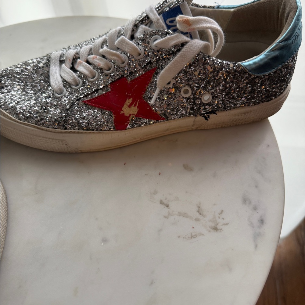 Silver Glitter Sneakers with Red Star